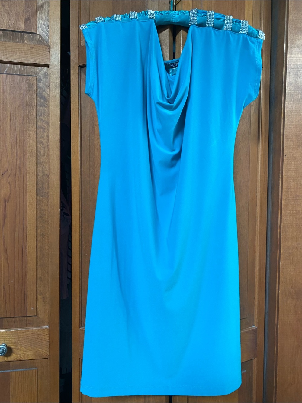 MSK Turquoise Blue Cowl Neck Midi Dress Rhinestone Beaded Shoulder Detail Sz 8